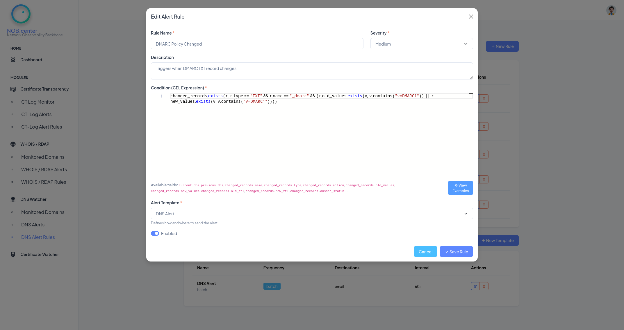 DNS alert rule editor interface
