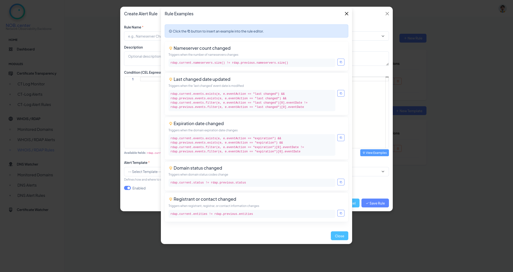 WHOIS RDAP alert rules examples and help
